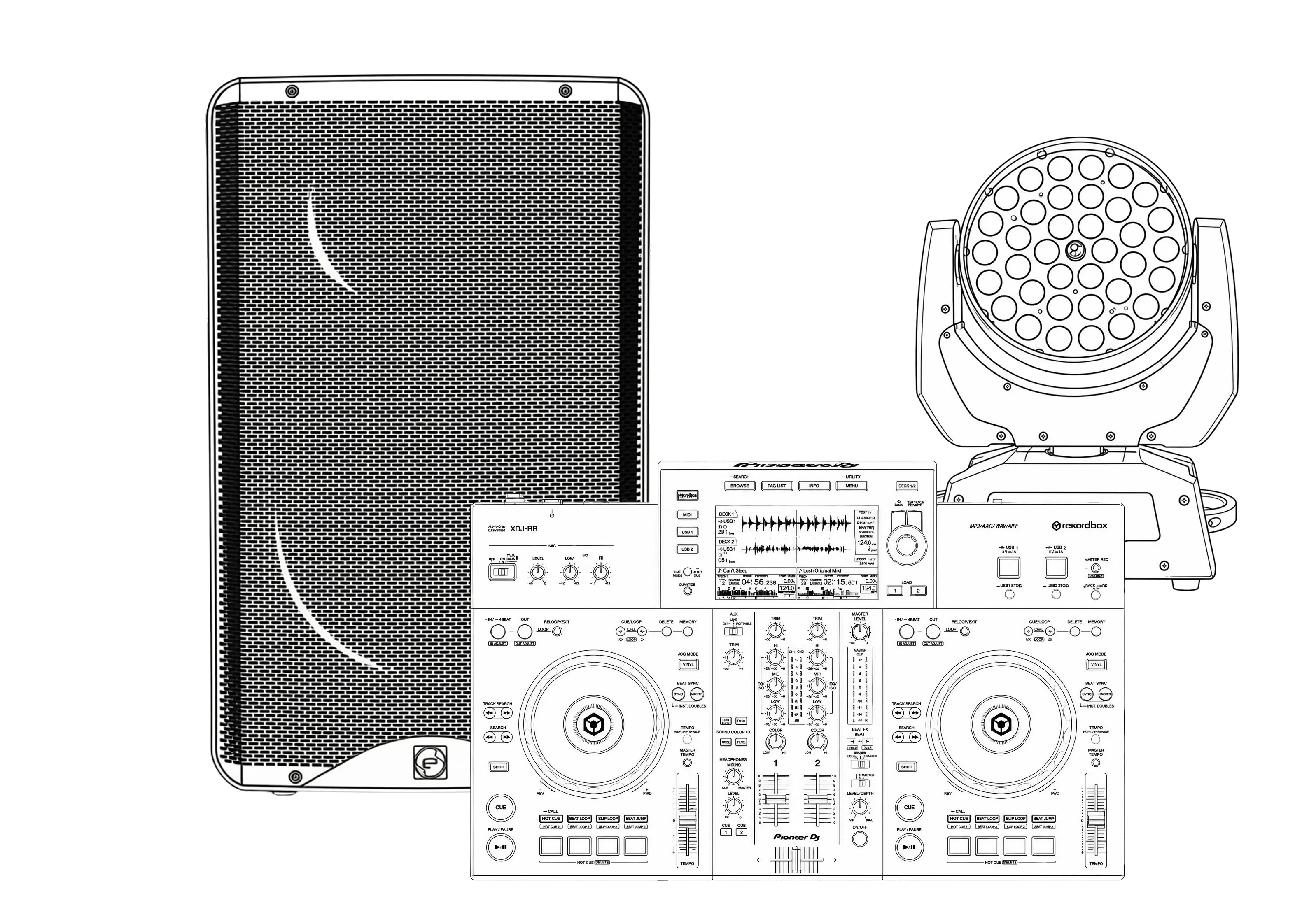 Pack matériel DJ Pioneer, sonorisation 15 pouces et lyres Wash